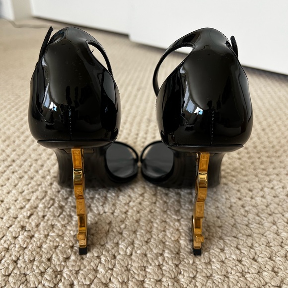 YSL ~ Saint Laurent, black patent leather Opyum Gold Ankle Strap Heels. Size 37 - Picture 3 of 8